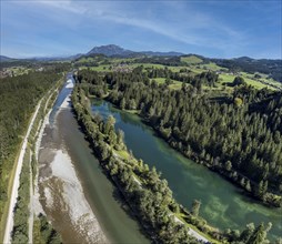 Aerial view of river Iller and lake Auwaldsee north of Oberstdorf, Bavaria, Germany, Europe