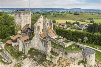 Aerial view of medieval castle ruin near Sulzberg, Allgäu, Bavaria, Germany, Europe