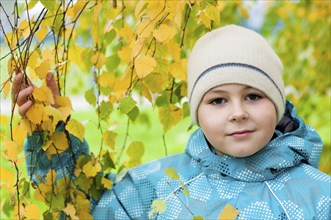 A boy in a birch forest in autumn