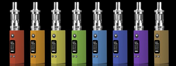 Eight multicolored electronic cigarettes, isolated on black background