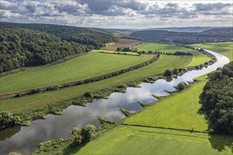 Aerial view of the Weser river south of castle Fürstenberg, Weserbergland, Germany, Europe