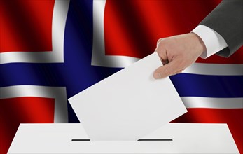 The Norwegian flag and the hand with the bulletin about the ballot box