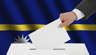 The Nauru flag and the hand with the bulletin about the ballot box