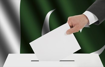 The Pakistani flag and the hand with the bulletin about the ballot box