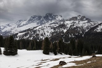 Cloudy spring weather in Dolomites mountains. Italian Dolomites