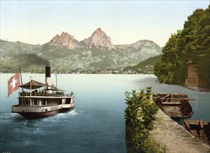 Treib und Mythen, Vierwaldstaettersee, Switzerland, Historical, digitally restored reproduction