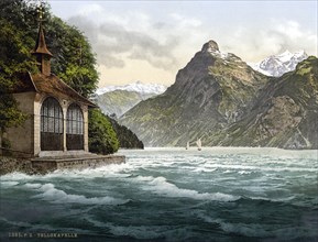 Tell's Chapel, evening view, Lake Lucerne, Switzerland, Historical, digitally restored reproduction