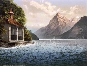 Tell's Chapel, evening view, Lake Lucerne, Switzerland, Historical, digitally restored reproduction