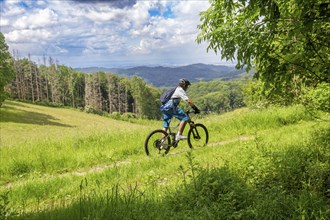 Mountain biking in the Odenwald with a view of the Rhine plain, here on the Birkenau circular route