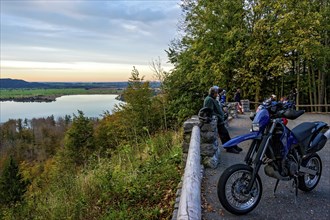 View from the Kesselberg to the Lake Kochel, motorcyclist on the Kesselberg road, Kesselberg Pass,