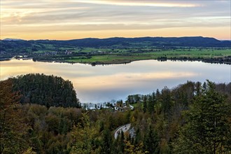 View from the Kesselberg to the Lake Kochel, motorcyclist on the Kesselberg road, Kesselberg pass,