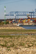 Container handling centre, Gateway West Terminal, Logport 2, cargo ship on the Rhine, at extremely