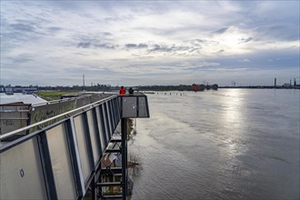 Flood at the Rhine near Duisburg, view from the Friedrich-Ebert-Bridge towards Mercator Island in