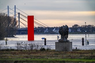 Flood on the Rhine near Duisburg, Rhine bridge Neuenkamp, old and new construction, landmark Rhine