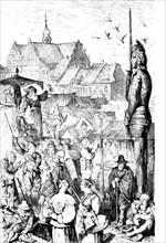 Brandenburg market in the 17th century, crowd, market stall, stalls, Roland, trade, old town,