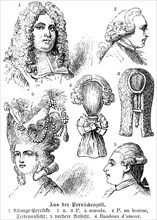 Artistic wigs of the 17th century, various views, hairstyle, curls, jewellery, tied hair, Prussian