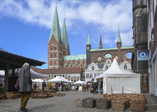 Lubeck, Germany, April 10, 2022: Arts and crafts market with tents and stalls in the city center at