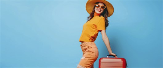 A woman holding a suitcase and smiling. Concept of travel and adventure, AI generated