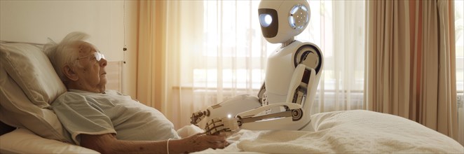 A robot servicing senior people in retirement home. AI takeover. Job replacement, AI generated