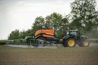 Agriculture, pesticide being sprayed on a field, sugar beet seedlings, North Rhine-Westphalia,