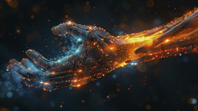 Futuristic digital rendering of a hand made from glowing blue and orange circuits on a dark