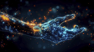 Abstract digital illustration of a hand composed of glowing blue and orange particles set against a