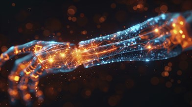 A digital rendering of an arm composed of circuits, glowing in blue and orange against a dark