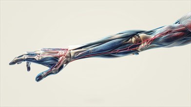 Detailed anatomical depiction of a human arm showing muscles and veins against a white background,