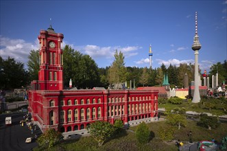 Miniland Berlin with Red Town Hall, Alex TV Tower, Observation Tower, LEGOLAND theme park, Germany,