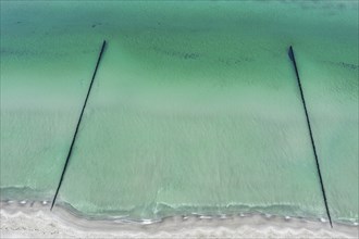 Groynes at a sandy beach, Baltic sea, aerial view, Mecklenburg-Western Pomerania, Germany, Europe