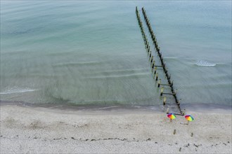 Colorful umbrella at a groyne, beach of Baltic sea, aerial view, Mecklenburg-Western Pomerania,