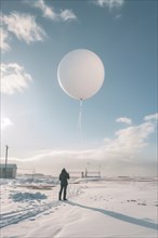 A meteorologist or technician is launching a weather balloon from a research site during winter