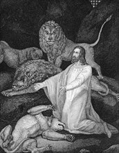 Daniel in the lions' den, king, God, angel, lions, Old Testament, Bible, historical illustration