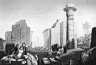 Ruins of Thebes, Karnak temple complex, Egypt, horses, people, Bible, historical illustration 1854,