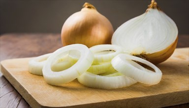 Vegetables, onion, Allium cepa, freshly cut onion rings on a wooden board, Studio