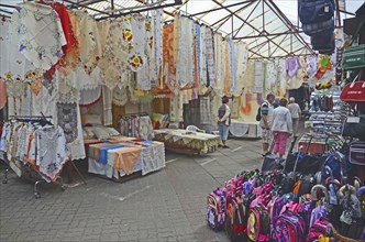 Textiles in border market at the German border in Swinoujscie, Swinemünde, West Pomerania, Poland,