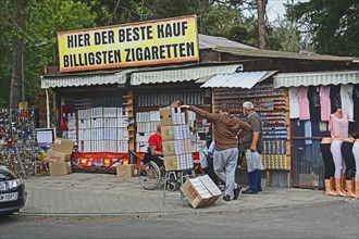 Stand for cigarette sales in the border market at the German border in Swinoujscie, Swinemünde,