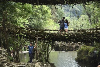 Tourists at the Bouble decker living root bridge amid COVID-19 coronavirus pandemic, in Nongriat