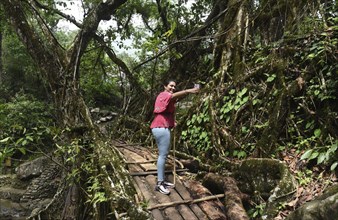 Tourists at the Bouble decker living root bridge amid COVID-19 coronavirus pandemic, in Nongriat