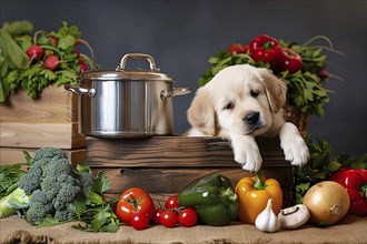 Dog puppy surrounded by cooking ingredients like vegetables and pot. Generative AI, AI generated