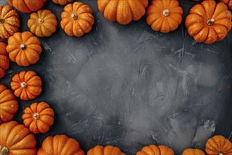 Top view of many small orange pumpkins on dark chalk background with copy space. Generative AI, AI