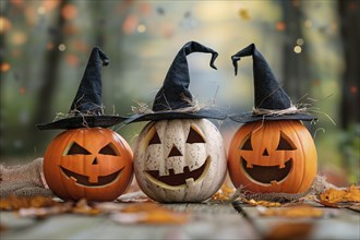 Three carved Halloween pumpkins with witch hats. Generative Ai, AI generated