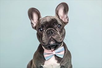 Cute black Frendh Bulldog dog with bow tie in front of blue studio background. Generative Ai, AI