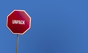 Unpack, red sign with blue sky