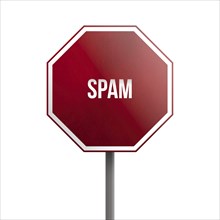 Spam, red sign isolated on white background