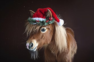 Small brown pony with red Santa Christmas hat in front of dark background. Generative Ai, AI