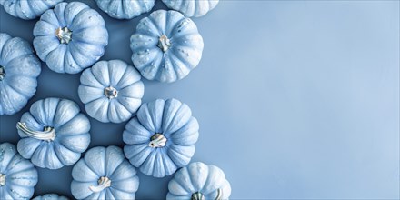 Banner with pastel blue decorative pumpkins on side of blue background with copy sapce. Generative