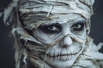 Woman with Halloween mummy makeup and costume bandages. generative ai, AI generated