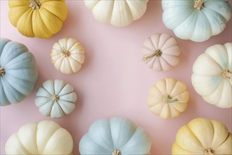 Colorful pumpkins on pastel pink background with copy space. Generative AI, AI generated