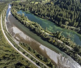 Aerial view of river Iller and lake Auwaldsee north of Oberstdorf, Bavaria, Germany, Europe